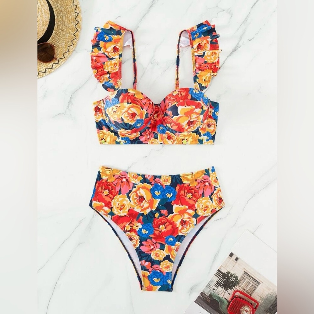Floral Bikini Set with Ruffle Straps